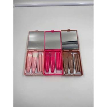 Imagem de Mini Espelho de Maquiagem Portátil com 5 Pincéis, Lupa e Design Dobrável para Bolsa(KIT 4ROSA + 4ROSE + PINK)