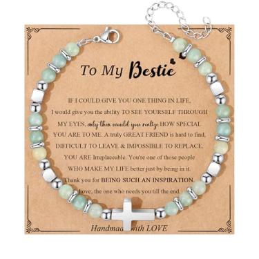 Imagem de JoycuFF Presentes Cristãos para Mulheres Pulseira Cruzada Fé Páscoa Católica Religiosa Joias Cristãs, Batismo Significativo Comunhão Contas Naturais Pulseiras, 7, Sem Pedra Preciosa