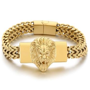 Imagem de Klapgo Pulseira masculina Lion Head, corrente de elos cubanos de aço inoxidável dourado, joia punk hip hop, presente para ele