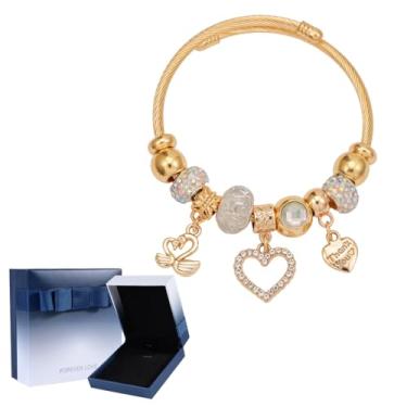 Imagem de FLORA PULSEIRA FEMININA DOURADA COM PINGENTE DE CISNE EM FORMATO DE CORAÇÃO PULSEIRA COM CONTAS GRANDES PULSEIRA DE LIGA METÁLICA MODERNA E VERSÁTIL CONJUNTO DE PRESENTE (Caixa 2)