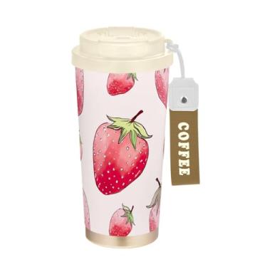 Imagem de Caneca de viagem de café 16+ Oz, copo de café com revestimento cerâmico com tampa e canudo, copo isolado a vácuo de aço inoxidável, desenho animado morango rosa morango