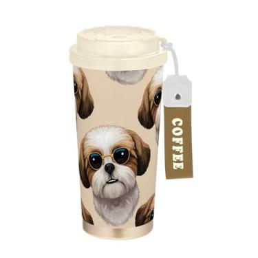 Imagem de TSENQUE Caneca de café de viagem 40 ml com canudo e tampa, caneca de café de aço inoxidável à prova de vazamento para escritório, escola, festa, acampamento, cachorro fofo bege