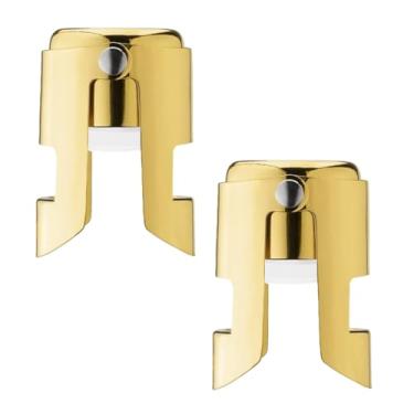 Imagem de 2 tampas seladoras de champanhe, 2 unidades de aço inoxidável, conjunto de seladores de garrafa de vinho espumante com um plugue de vedação curto, acessórios de presente para champanhe (ouro claro)