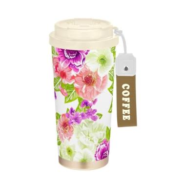 Imagem de TSENQUE Copo de café 473 ml, copo de café com revestimento cerâmico com canudo e tampa, copo isolado a vácuo de aço inoxidável, rosa roxo floral branco