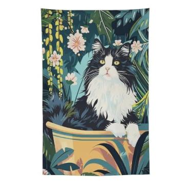 Imagem de Tapeçaria de parede floral de gato de pelo longo preto e branco na banheira selva decoração de animal fofo arte boho para banheiro quarto aconchegante enfeite de pendurar cena encantadora 152 x 232 cm