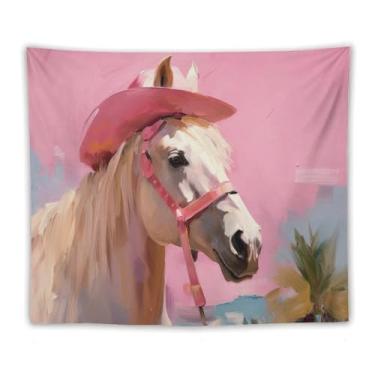 Imagem de Cavalo branco em chapéu de cowboy rosa tapeçaria de parede peculiar decoração animal de fazenda arte de fundo pastel para sala de estar quarto dormitório rústico país pendurado acento lúdico 40 x 60