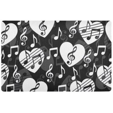 Imagem de TSENQUE Notas musicais personalizadas com corações pretos e brancos, tapete de porta de Halloween, tapete enlameado para cães, tapetes antiderrapantes grandes para casa, lavável 81 x 50 cm