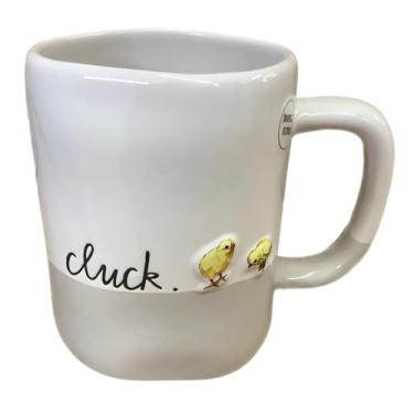 Imagem de Caneca de café Rae Dunn Cluck, 400 ml, estilo fazenda com pintinhos e galinhas, branco/bege colorblock