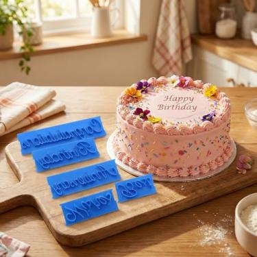 Imagem de 6 peças de carimbos de letras de decoração de bolo azul - conjunto de carimbos de feliz aniversário, felicidades e fudge, adequado para entusiastas de culinária DIY