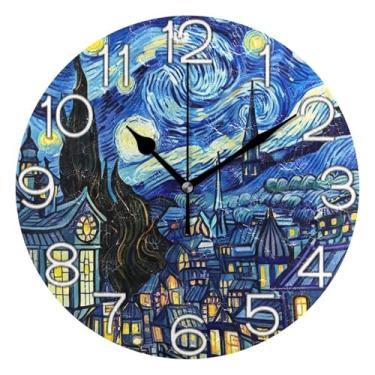 Imagem de GAIGEO Relógio de parede analógico decorativo escritório cozinha relógio estético silencioso sem tique-taque, decoração de parede de casa de fazenda moderna, castelo noturno estrelado colorido, 25 cm