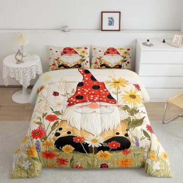 Imagem de Jogo de cama casal com desenho de gnomo, margarida, joaninha, para decoração de quarto de crianças, meninos e meninas, jardim de primavera, natureza, botânico, 3 peças, conjunto de colcha floral
