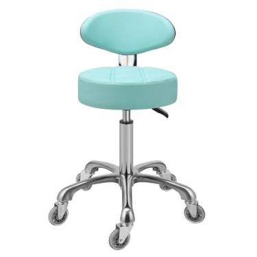 Imagem de Kaleurrier Banco de rodinhas com suporte para as costas: altura ajustável de 56 a 76 cm para estilista técnico de cílios de unhas - Cadeira de banco resistente com rodas para salão de beleza