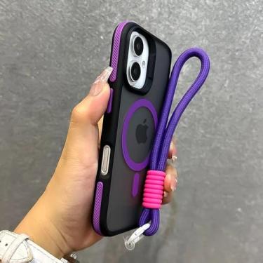Imagem de Capa luxuosa fosca com cordão para iPhone 16, 15, 14, 13, 12, 11 Pro Max Plus, capa com alça de pulso magnética e carregamento sem fio, roxa, para iPhone 12 Pro