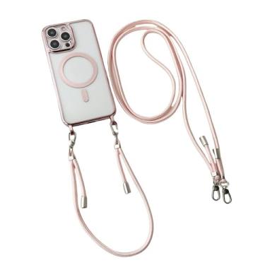 Imagem de Capa para iPhone 16, 15 Pro Max, 14, 13, 12 e 11, com cordão, alça de pulso, transversal, revestimento magnético, capa transparente, ouro rosa, para iPhone 14 Pro