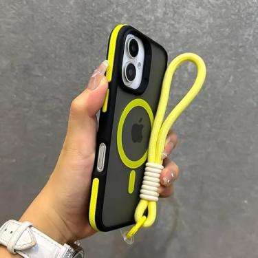 Imagem de Capa fosca de luxo com cordão para iPhone 16, 15, 14, 13, 12, 11 Pro Max Plus, capa com alça de pulso magnética e carregamento sem fio, amarela, para iPhone 15 Pro