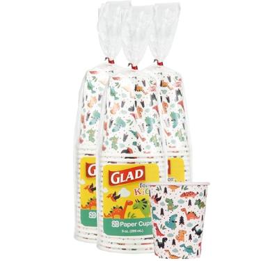 Imagem de Glad Copos de papel descartáveis para crianças com design de dinossauro - Copos de papel resistentes para uso diário, copos de bebida de dinossauro, 255 g, 20 unidades - pacote com 3