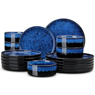 Imagem de vancasso Conjuntos de pratos e tigelas para 6, 18 peças de louça azul para cozinha, conjunto de pratos de grés moderno, seguro para lava-louças e micro-ondas, série estrelada