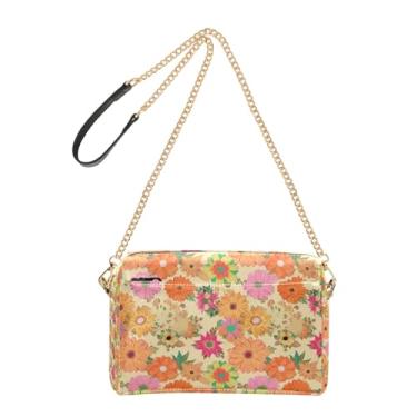 Imagem de Joitme Bolsa de ombro feminina transversal para celular bolsa de ombro de couro PU com alça de corrente flores vintage coloridas laranja