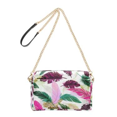 Imagem de Joitme Bolsa feminina transversal de penas coloridas bolsa de celular estética bolsa de ombro de couro PU com alça de corrente