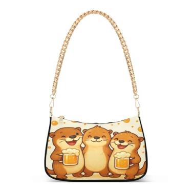 Imagem de Bolsa de ombro alegre de lontras de desenho animado, corrente bege, linda bolsa de mão média para mulheres, bolsa clutch Hobo moderna