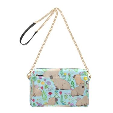 Imagem de Joitme Bolsa tiracolo para mulheres, capivaras fofas, flores coloridas, bolsa para celular, bolsa de couro PU, alça de corrente