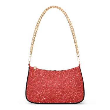 Imagem de Bolsa de ombro com corrente de textura vermelha brilhante, bolsa feminina clutch para festa noturna, bolsa Hobo elegante com grande capacidade