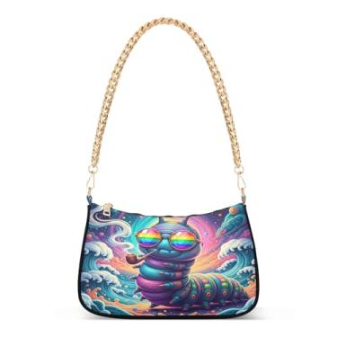 Imagem de Linda bolsa de ombro colorida com corrente de lagarta, bolsa Hobo com estampa artística para mulheres, bolsa média moderna para uso diário ou festa
