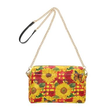 Imagem de Joitme Girassóis brilhantes vermelho xadrez amarelo bolsa para mulheres, bolsas transversais, alça de corrente, bolsa de ombro de couro PU, bolsa para celular
