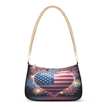Imagem de Bolsa de ombro com corrente de fogos de artifício com bandeira americana de coração, bolsa feminina Hobo, bolsa média moderna para uso diário e festa