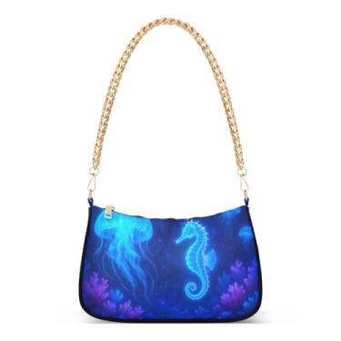 Imagem de Bolsa de ombro com corrente de ombro cavalo marinho azul neon Jellyfish, bolsa feminina Hobo Evening Clutch