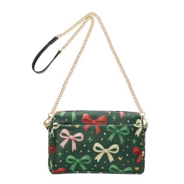 Imagem de Bolsa feminina vermelha verde com laços de Natal cruzada, bolsa de telefone com alça de corrente fofa de couro PU bolsa de ombro