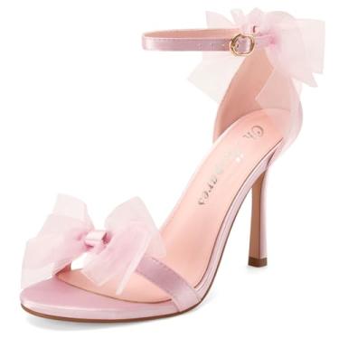 Imagem de Oh Mispares Sandálias femininas de salto agulha com laço de salto alto, bico redondo, aberto, ajustável, fivela no tornozelo, sandálias de cetim elegantes para formatura, noite, casamento, verão, 8,5