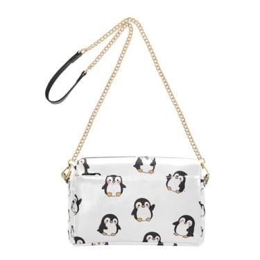 Imagem de Linda bolsa feminina branca de pinguins de desenho animado bolsa transversal para celular linda bolsa de ombro de couro PU alça de corrente