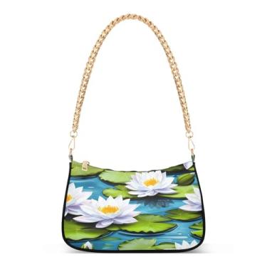 Imagem de Bolsa de ombro com corrente de flores de lótus brancas e folhas verdes, bolsa feminina Hobo com vários estilos de transporte para uso diário e noturno