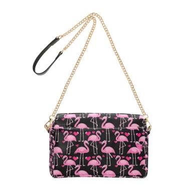 Imagem de Bolsa feminina com corações pretos flamingo rosa bolsa transversal bolsa para celular bolsa de ombro de couro PU com alça de corrente