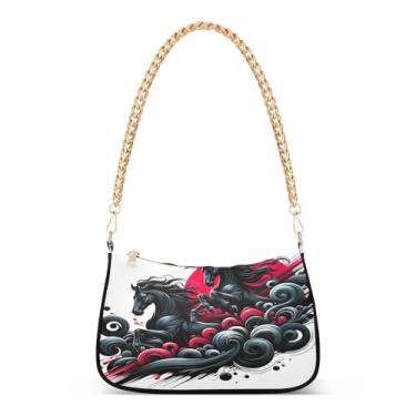 Imagem de Bolsa de ombro com corrente de cavalos pretos fixes, bolsa de mão Hobo média com estampa artística para mulheres, bolsa moderna com grande capacidade