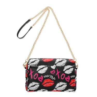 Imagem de Joitme Bolsa feminina com batom branco vermelho preto desenho animado bolsa tiracolo couro PU bolsa de ombro alça de corrente bolsa para celular
