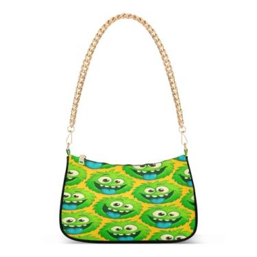 Imagem de Bolsa de ombro divertida com corrente de monstro de desenho animado verde, linda bolsa de mão média para mulheres, bolsa Hobo moderna com grande capacidade