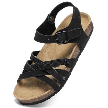 Imagem de XTJSCBDSH Sandálias para meninas e meninos com palmilha de cortiça, fivela ajustável, tira trançada com tira traseira aberta nos dedos dos pés, sandálias deslizantes, sapatos casuais de verão para