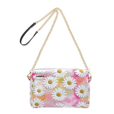 Imagem de Joitme Bolsa feminina tiracolo bolsa para celular lindas margaridas florais rosa bege couro PU alça de corrente