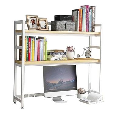 Imagem de Estante de mesa para mesa de computador – 2 camadas de madeira e metal estante de mesa de computador multiuso, suporte organizador de mesa ajustável, para prateleira de exibição de escritório