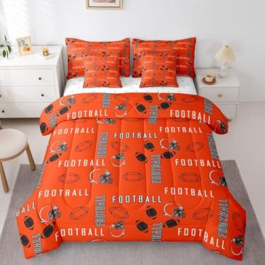 Imagem de jejeloiu Jogo de cama casal com edredom de futebol americano, Chicago, 7 peças, laranja, preto, respirável, macio, para decoração de quarto esportivo de rúgbi