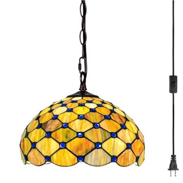 Imagem de GILGGAK Luminária pendente de vitral estilo Tiffany, plugue com 30,5 cm de largura, design perolado de 30,5 cm, corrente de 15 pés, cordão de estar, sala de jantar, quarto, cozinha, escritório em casa