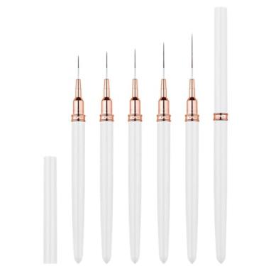 Imagem de Conjunto de pincéis com detalhes metálicos de 5 peças para design de arte em unhas, vários tamanhos para linhas finas, branco