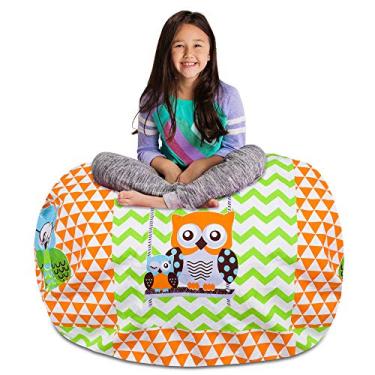 Imagem de Capa de cadeira para saco de feijão de armazenamento de animais de pelúcia Posh Stuffable Kids - Organizador de brinquedo infantil, X-122 cm - Corujas em tela verde e laranja
