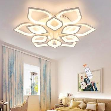 Imagem de Luminária de teto LED moderna para sala de estar, com intensidade regulável e controle remoto. Design criativo com cúpula de acrílico em formato de flor de lótus. Ideal para iluminação de in