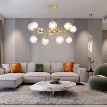 Imagem de Luminária pendente moderna estilo Sputnik com 12 lâmpadas, esfera de vidro transparente, lustre G9, estilo meados do século XX, ideal para sala de estar, cozinha, ilha, quarto e bar (G)