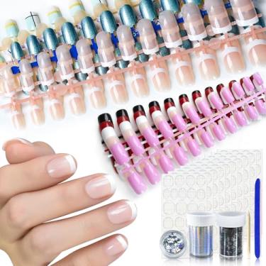 Imagem de 10 unidades de unhas de pressão, cores mistas, vermelho, roxo, unhas postiças francesas, nude, salão de beleza, unhas francesas, presentes diários para mulheres e meninas com abas adesivas