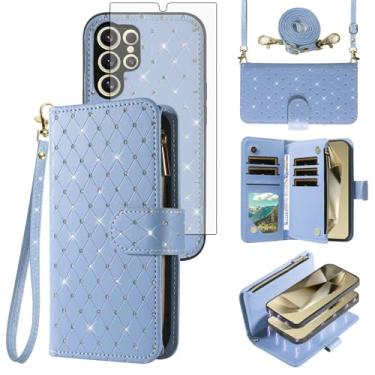 Imagem de Capa carteira compatível com Samsung Galaxy S24 Ultra 5G com zíper para celular e protetor de tela, alça transversal com glitter, suporte para cartão, capa para celular S24Ultra 24S S 24 24Ultra