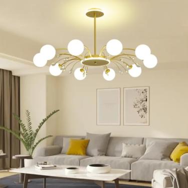 Imagem de Lustre moderno E27 estilo Sputnik, luminária grande para sala de estar com cúpula de vidro branco, design criativo e personalizado, luminária de teto de cristal para quarto, restaurante, caf